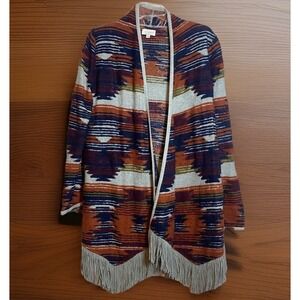 Lucky Brand Southwestern Aztec Fringe Cardigan Sweater L/G Orange Gray Blue Fall